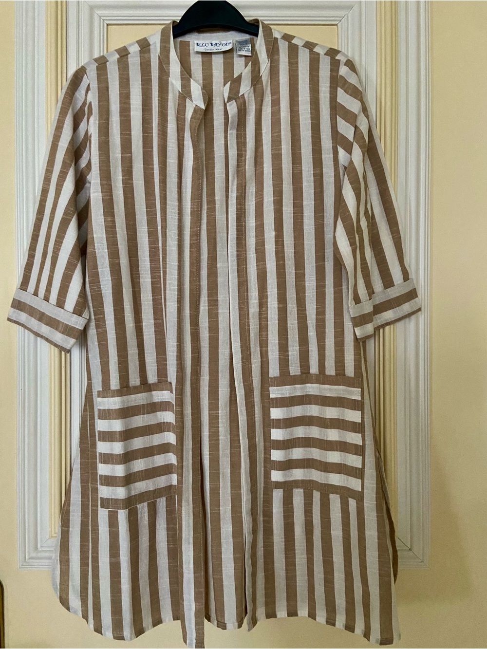 Bleu Bayou Tan&White Striped 100%Cotton Open Front Long Cardigan 3/4 Sleeve Sz M